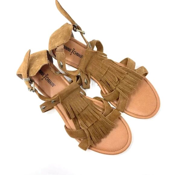 Minnetonka Merriam Fringe Studded Wedge Suede Sandals Size 8 - Picture 2 of 10